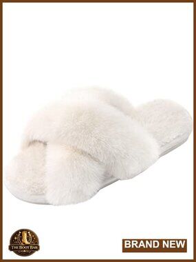 Women's Fuzzy Open Toe Cross Band Slippers Memory Foam Indoor House Shoes